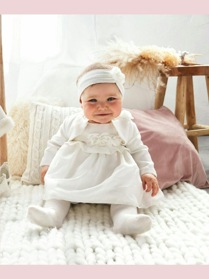 ABITO ELEGANTE C/COPRISPALLE MINIBANDA - Completo elegante neonata: abito smanicato con cintura fiorata + coprispalle in organza foderato.