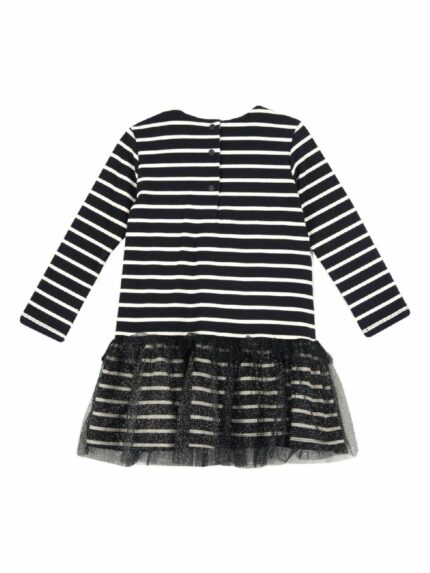Abito felpa m/lunga Abito in felpa stretch dalla fantasia rigata con arricciatura in vita e motivo gonna in tulle. Apertura posteriore con bottoncini.