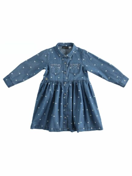 ABITO M/LUNGA DENIM STAMPATO SARABANDA - Abito denim a manica lunga e collo camicia, allacciatura a bottoni frontale, stampa cuoricini, taschine con borchiette applicate.