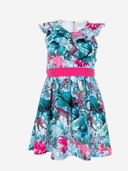 Abito Rainforest Ativo Kids Abito stampato per bambina in fantasia tropicale all over, maniche corte a volant e cintura in tessuto, allacciatura posteriore zippata.