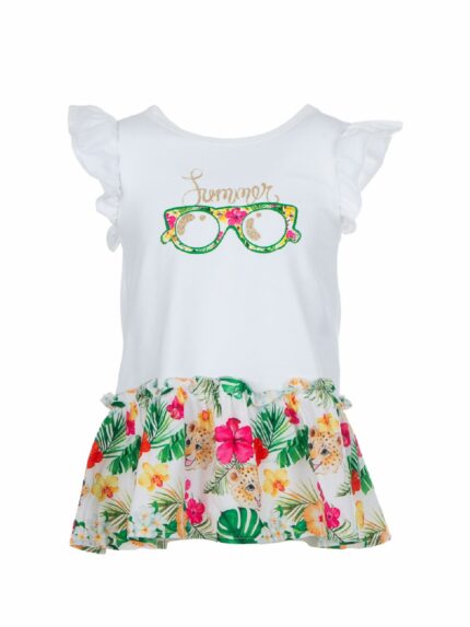 Abito Rainforest Ativo Kids Abito in cotone a maniche corte a volant con corpino stampato e gonna a fantasia tropical all over.