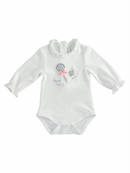 BODY NEONATA M/LUNGA RICAMI MINIBANDA - Body per neonata a manuca lunga in jersey di cotone con applicazioni e ricami, colletto con rouche.