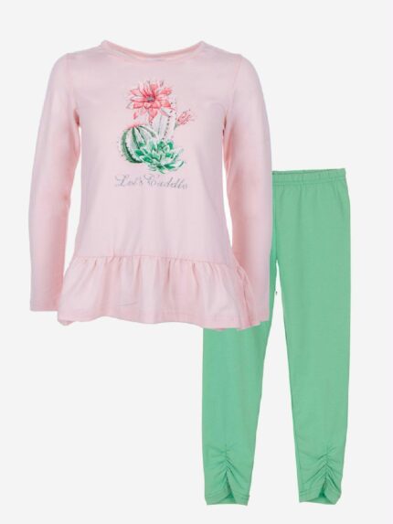Completo Cerimonia a Pois Ativo Kids Completo due pezzi: t.shirt a maniche lunghe con scollo tondo, stampata sul davanti e con applicazione elastica in vita + leggings basic a gamba lunga con dettaglio sul fondo.