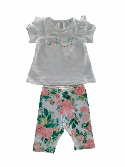 Completo Cerimonia a Pois Ativo Kids Completo in cotone composta da: t.shirt stampata a maniche corte con rouche in tulle al giromanica + leggings corti fantasia fiorata all over.
