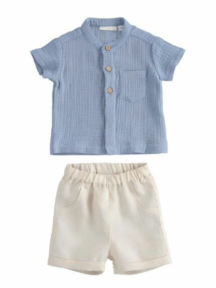 Completo neonato lino/cotone Completo per neonato composto da camicia in cotone a maniche corte con collo alla coreana + pantaloncini in lino con cintura elastica.