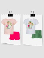 Completo Rainforest Ativo Kids Completo in cotone composto da: t.shirt stampata a maniche corte a palloncino + shorts con cintura elastica e fiocchetti al fondo.