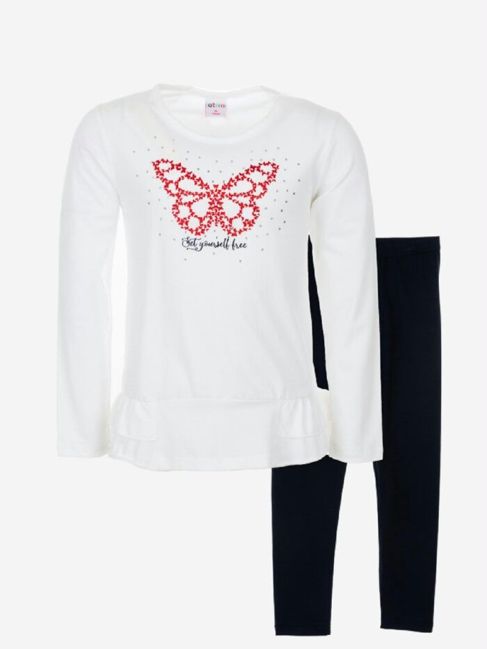 Completo Spring Breeze Ativo Kids Completo due pezzi: t.shirt in jersey di cotone a maniche lunghe con scollo tondo e decoro farfalla strass, fondo arricciato + leggings basic con elastico in vita.