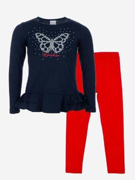 Completo Spring Breeze Ativo Kids Completo due pezzi: t.shirt in jersey di cotone a maniche lunghe con scollo tondo e decoro farfalla strass, fondo arricciato + leggings basic con elastico in vita.