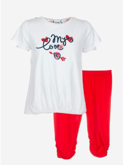 Completo Spring Breeze Ativo Kids Completo in cotone composto da t.shirt stampata in jersey elasticizzato a maniche corte con retro più lungo in tessuto fantasia a contrasto + leggings basic con elastico in vita e arricciati in fondo.