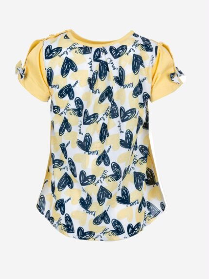 Completo Spring Breeze Ativo Kids Completo in cotone per bambina composto da: t-.shirt stampata a maniche corte con apertura e applicazione di fiocco in rilievo, schiena più lunga con tessuto a contrasto con stampa all over + leggings basic con elastico in vita e rifiniture a coste.