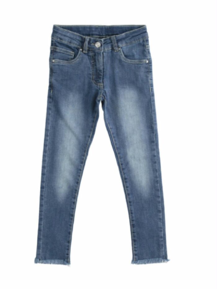JEANS BIMBA SLIM FIT SARABANDA - Jeans elasticizzato bimba slim fit, fondo sfrangiato, cintura con elastico regolabile.