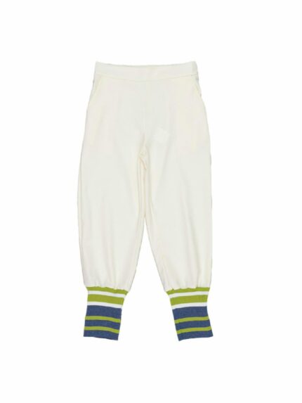 Pantaloni in tessuto ragazza Pantaloni in tessuto con cintura elastica e fondo con polso in maglia a righe colorate.