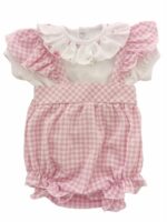 Salopette neonata Vichy Salopette per neonata in tessuto goffrato fantasia a quadretti e t.shirt in jersey di cotone con collo a corolla fantasia fiori.Made in Italy