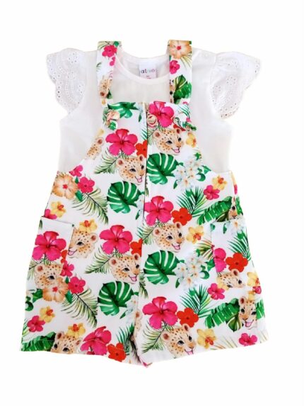 Salopette Rainforest Ativo Kids Salopette corta baby con stampa TROPICAL all over, allacciatura anteriore zippata