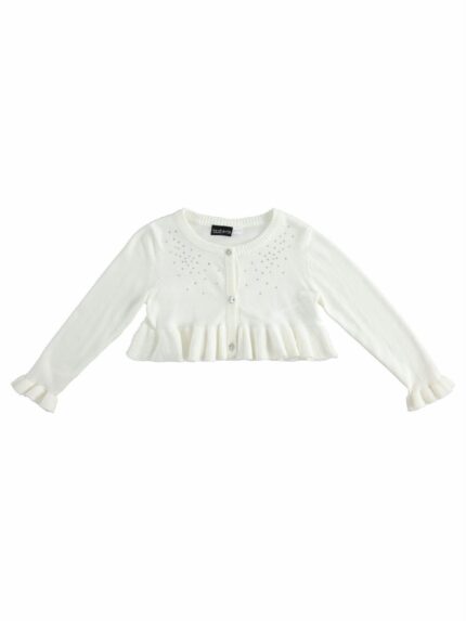 SCALDACUORE STRASS SARABANDA - Scaldacuore in viscosa con applicazioni strass, allacciatura a bottoni, manica con polsino volant .