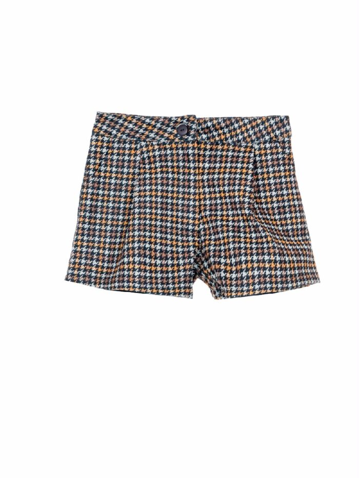 Shorts bambina Autumn Shorts per bambina in tessuto di cotone elasticizzato, fantasia tartan, allacciatura posteriore con zip ed elastico interno regola vita.