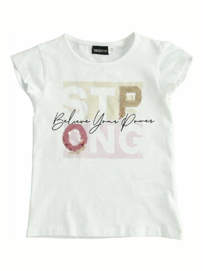T.shirt bambina m/corta T.shirt stampata a maniche corte per bambina in jersey stretch, decoro paillettes/glitter.