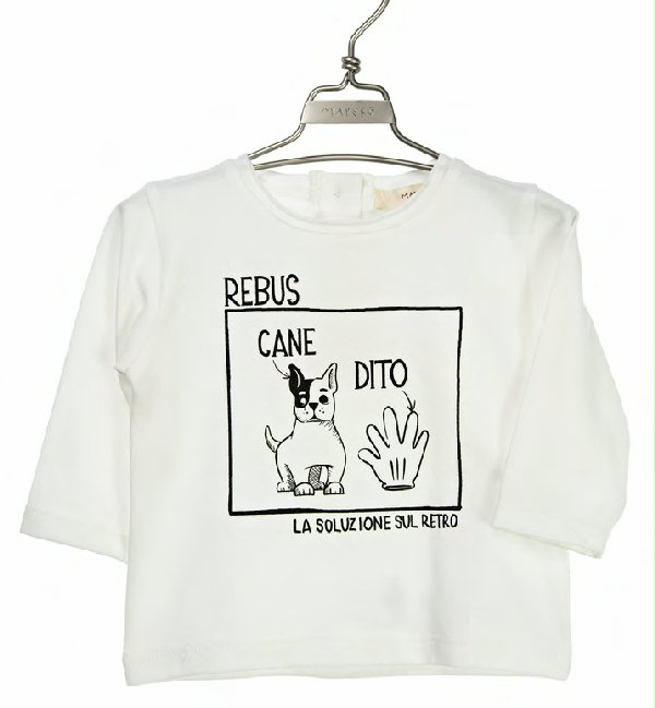 T.SHIRT JERSEY M/LUNGA REBUS MAPERÒ - T.shirt jersey, girocollo a ,manica lunga, con stampa REBUS. Taglie baby (3/36 mesi).