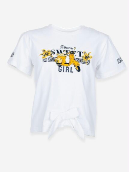 T.shirt m/c Maiolica Ativo Kids T.shirt da bambina in jersey di cotone elasticizzato, maniche corte, stampa frontale, fiocchetto sul fondo.