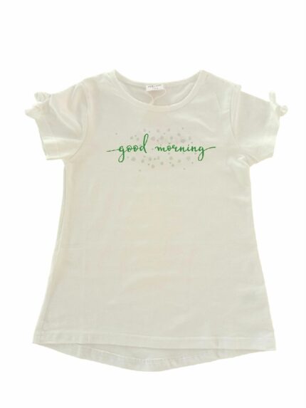 T.shirt m/c Rainforest AtivoKids T.shirt per bambina in cotone stampa glitter, maniche corte con fiocchetto, retro con fondo stondato leggermente più lungo.