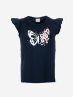T.shirt m/c Spring Breeze Ativo Kids T.shirt in jersey di cotone stretch per bambina, maniche corte ad aletta, stampa margherite e farfalle con strass.