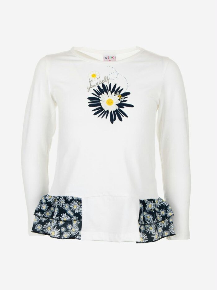 T.shirt m/l Spring Breeze Ativo Kids T.shirt in cotone a maniche lunghe con stampa margherite e doppio volant fiorato sul fondo.