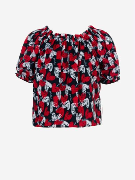 T.shirt m/l Spring Breeze Ativo Kids Blusa fluida da bambina con stampa cuore all-over ed effetto elastico in rilievo sullo scollo.