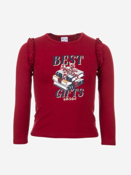 T.SHIRT M/LUNGA BEST GIFTS T.shirt in cotone a manica lunga, stampa glitter BEST GIFTS, con motivo rouches al giro manica. Taglie 4/14 anni.