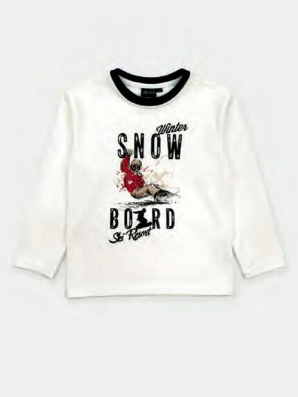 T.SHIRT STAMPATA COTONE M/L ATIVO KIDS - T.shirt girocollo bimbo a maniche lunghe in cotone elasticizzato, stampa "snowboard". Taglie 3/7 anni.