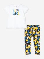 Completo due pezzi Retro Summer Completo in cotone composto da: t.shirt stampata a maniche corte con scollo tondo + leggings con elastico in vita e stampa fantasia all over.