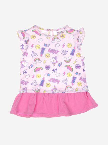 Maxi t.shirt manica corta Kitsch Maxi-t.shirt o miniabito in cotone a maniche corte con volant, scollo tondo e fantasia all over, fondo con finitura arricciata. Chiusura superiore con bottone a goccia sul retro.