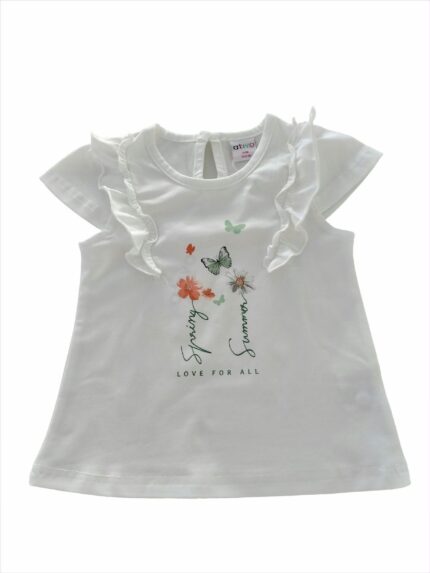 T.shirt manica corta Fields Of Flowers T.shirt stampata girocollo in cotone, modello smanicato con rouche al giromanica.