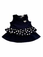 ABITO COTONE SMANICATO CON BALZA POIS ATIVO KIDS - Abito smanicato in cotone elasticizzato con colletto e balza motivo pois. Taglie 6/36 mesi.