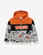 Felpa zippata fantasia Felpa zippata con cappuccio in cotone elasticizzato fantasia all over color block. Inserto in tinta unita nero con stampa "Shoe Doodle" arancione.