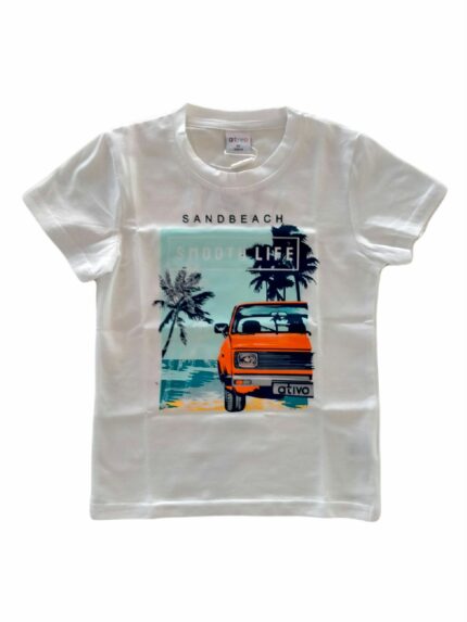T.SHIRT COTONE M/C AUTO ATIVO KIDS - T.shirt in cotone a manica corta, stampa auto. Colori azzurro, bianco e giallo.