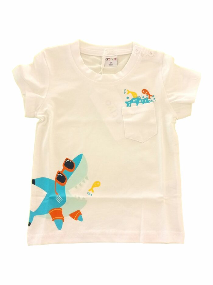 T,SHIRT COTONE M/CORTA SQUALO ATIVO KIDS - T.shirt in cotone a manica corta, stampa squalo. Taglie 6/36 mesi.