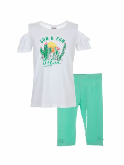 Completo Cerimonia a Pois Ativo Kids Completo in cotone composto da t.shirt con scollo tondo ed effetto con maniche scese, stampa cactus sul fronte e retro leggermente più lungo + leggings basic con elastico in vita e fiocco laterale applicato.