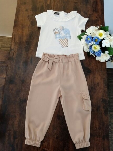 PANTALONI MORBIDI LYOCELL SARABANDA - Pantaloni in morbido tessuto lyocell con elastico in vita e al fondo, tasca applicata con strass.