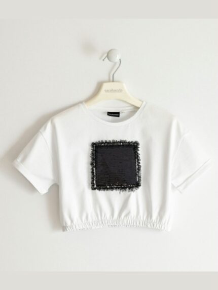 T.SHIRT M/CORTA CROP SARABANDA - T.shirt per ragazza a manica corta, modello crop, in jersey stretch con decoro paillettes.