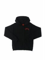 Felpa con cappuccio Felpa zippata con cappuccio, polsi elasticizzati, due tasche sul davanti, interno felpato, scritta logo stampata sul davanti, disegno e scritta logo stampati sul retro, etichetta con scritta logo cucita sul fianco. Made in Italy