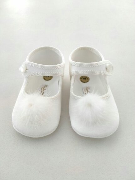 Ballerine culla neonata Graziose ballerine culla per neonata con decoro pompon, cinturino con bottoncino. Made in Italy Accessori Cerimonia Idea Regalo PANNA