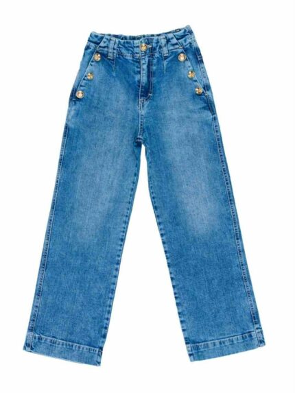 Jeans ragazza Jeans elasticizzati dal taglio diritto con tasche laterali decorate da bottoni, cintura elastica con passanti. Made in Italy
