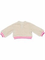 Maglia bimba Maglia girocollo in morbidissimo filato peloso, apertura dietro con bottoncini, polsi e fondo elasticizzati a contrasto. Made in Italy
