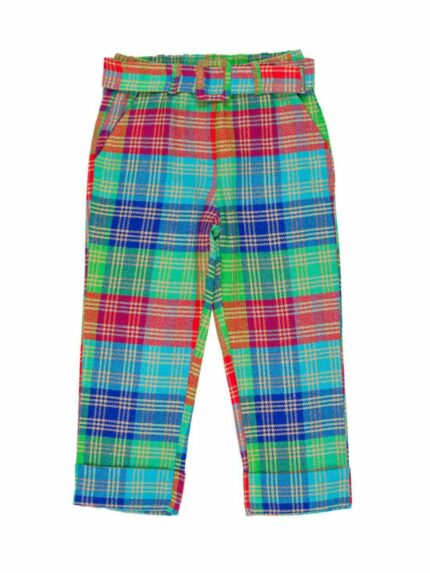 Pantaloni ragazza Pantaloni fantasia multicolor in tessuto misto lana, taglia diritto, cinta elasticizzata con passanti, cintura abbinata. Made in Italy