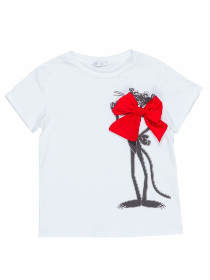 T.shirt manica corta ragazza .shirt "Pantera Rosa" con Fiocco Rosso - Moda per Ragazze LÙ-LÙ Made in Italy