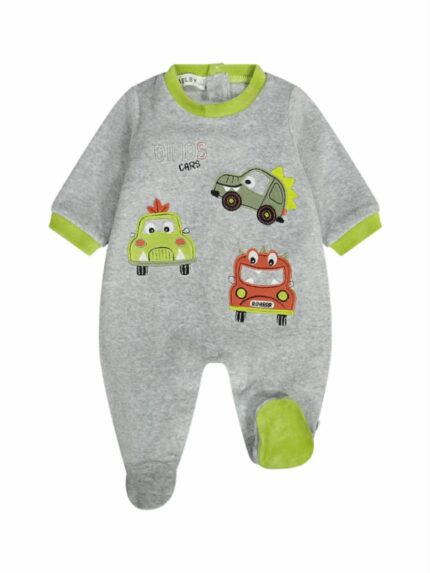 Tutina ciniglia neonato Tutina neonato in ciniglia con piedini - Ricamo automobiline | Melby