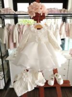 Abito Corolla Abito manica lunga per neonata in pizzo e organza - Raffinato e chic Made in Italy Nascita Lei Abito da Cerimonia Neonata