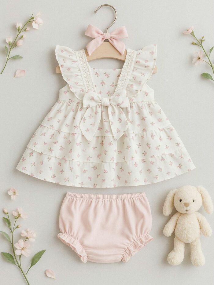Completo due pezzi neonata Riviera Completo 2 Pezzi Neonata in Cotone - Maglia a Volants con Fiocco e Culotte in Jersey Nursery Lista Nascita Idea Regalo Corredino