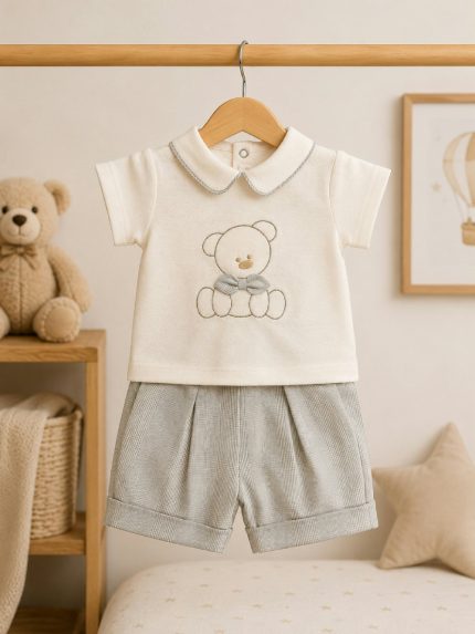 Completo due pezzi neonato Salvia Completo Neonato Easy Chic in Lino e Cotone con Pantaloncini Coordinati - Teto e Tatta
