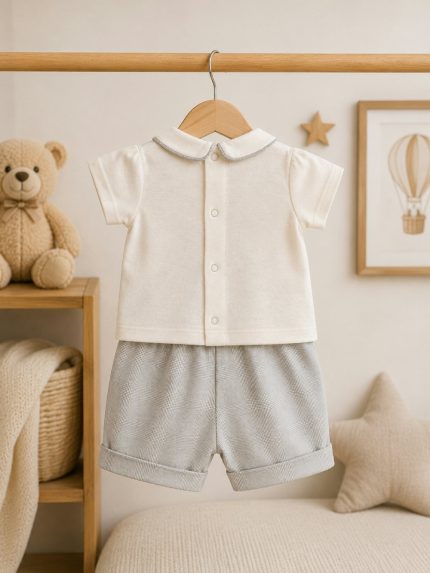 Completo due pezzi neonato Salvia Completo Neonato Easy Chic in Lino e Cotone con Pantaloncini Coordinati - Teto e Tatta